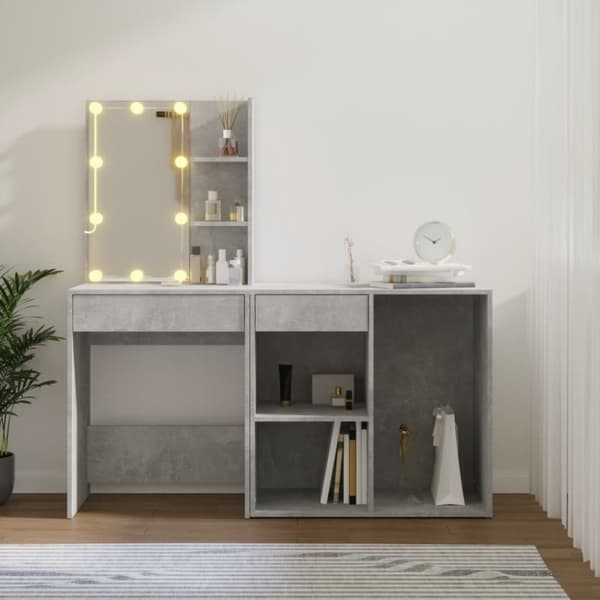 vidaXL Sminkbord LED med skåp betonggrå konstruerat trä - Toalettbord