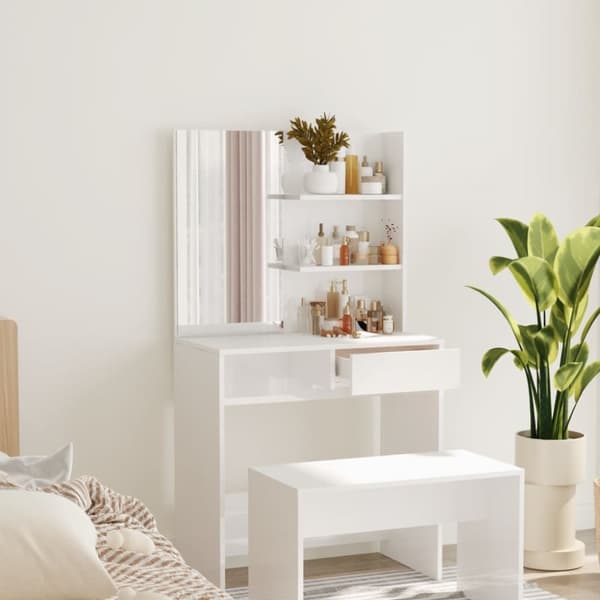 vidaXL makeupbord med spejl 74,5x40x141 cm hvid højglans -  Sminkebord