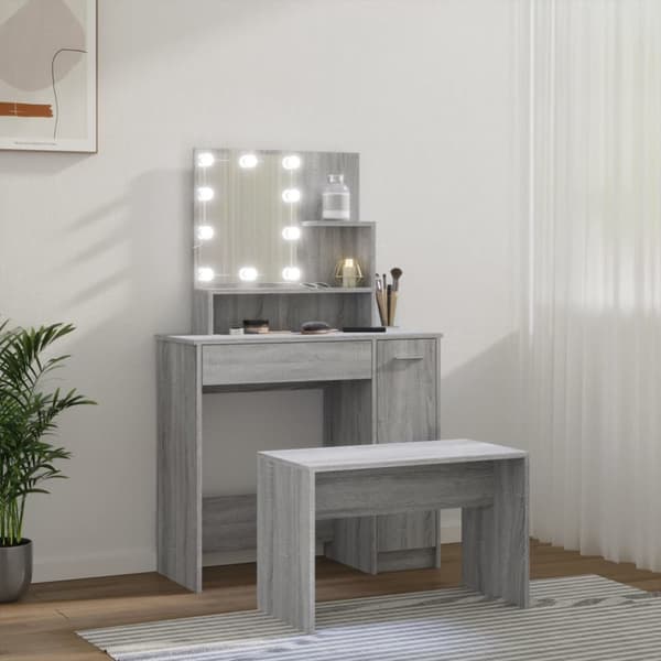 vidaXL makeupbordssæt med LED-lys konstrueret træ grå sonoma-eg - Sminkebord