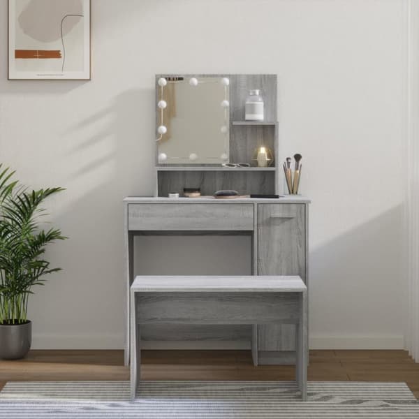 vidaXL makeupbordssæt med LED-lys konstrueret træ grå sonoma-eg -  Sminkebord