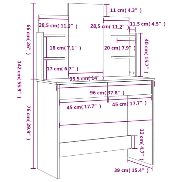 vidaXL Sminkbord med spegel rökfärgad ek 96x39x142 cm -  Toalettbord