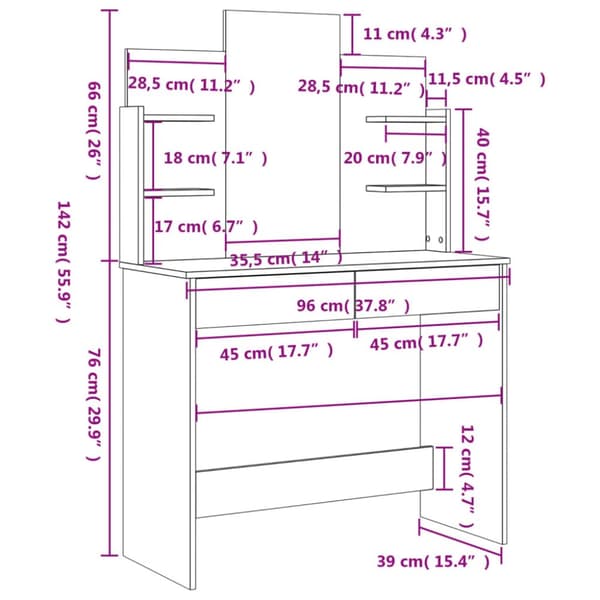 vidaXL makeupbord med spejl 96x39x142 cm brun egetræsfarve -  Sminkebord