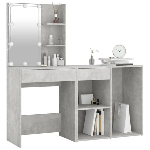 The Living Store makeupbord med LED-lys og skab konstrueret træ betongrå -  Sminkebord