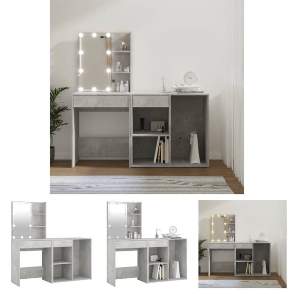 The Living Store makeupbord med LED-lys og skab konstrueret træ betongrå -  Sminkebord