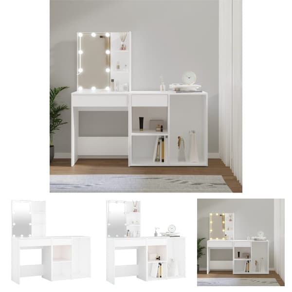 The Living Store makeupbord med LED-lys og skab konstrueret træ hvid -  Sminkebord