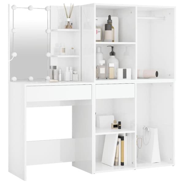 The Living Store Sminkbord LED med skåp 2 vit högglans konstruerat trä -  Toalettbord