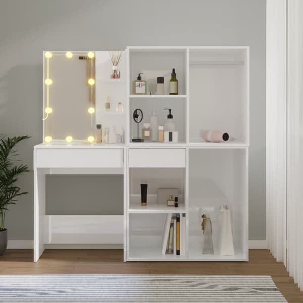 The Living Store Sminkbord LED med skåp 2 vit högglans konstruerat trä -  Toalettbord
