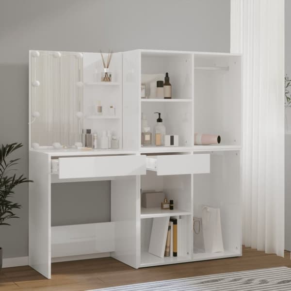 The Living Store Sminkbord LED med skåp 2 vit högglans konstruerat trä -  Toalettbord