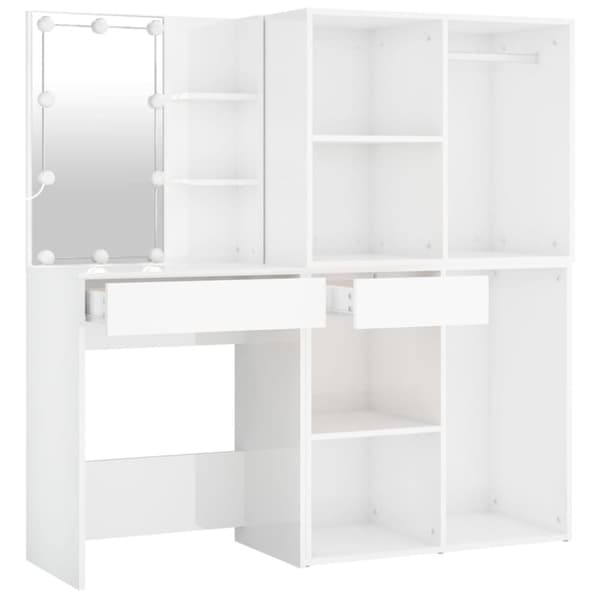 The Living Store Sminkbord LED med skåp 2 vit högglans konstruerat trä -  Toalettbord