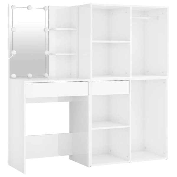 The Living Store Sminkbord LED med skåp 2 vit högglans konstruerat trä -  Toalettbord