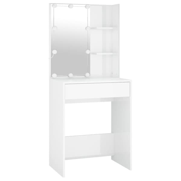 The Living Store Sminkbord LED med skåp 2 vit högglans konstruerat trä -  Toalettbord