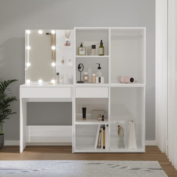 The Living Store Sminkbord LED med skåp 2 vit högglans konstruerat trä -  Toalettbord