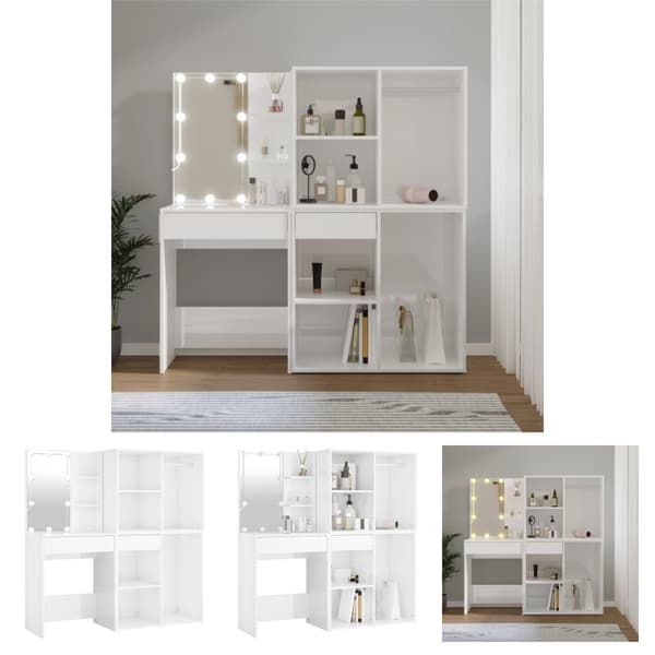 The Living Store makeupbord med LED-lys og 2 skabe konstrueret træ hvid højglans -  Sminkebord