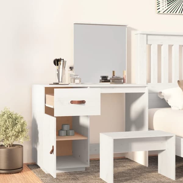 The Living Store makeupbord 95x50x134 cm massivt fyrretræ hvid -  Sminkebord