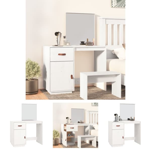 The Living Store makeupbord 95x50x134 cm massivt fyrretræ hvid -  Sminkebord
