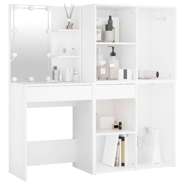 The Living Store makeupbord med LED-lys og 2 skabe konstrueret træ hvid -  Sminkebord