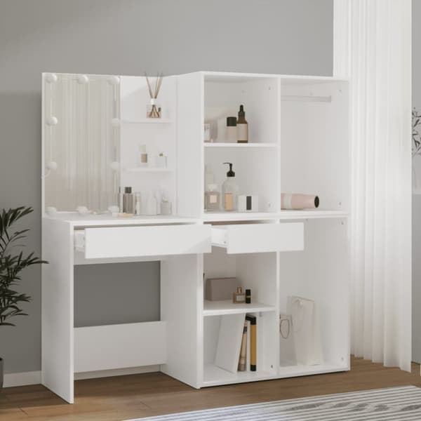 The Living Store makeupbord med LED-lys og 2 skabe konstrueret træ hvid -  Sminkebord