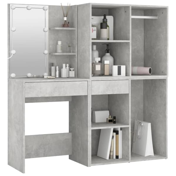 The Living Store makeupbord med LED-lys og 2 skabe konstrueret træ betongrå -  Sminkebord