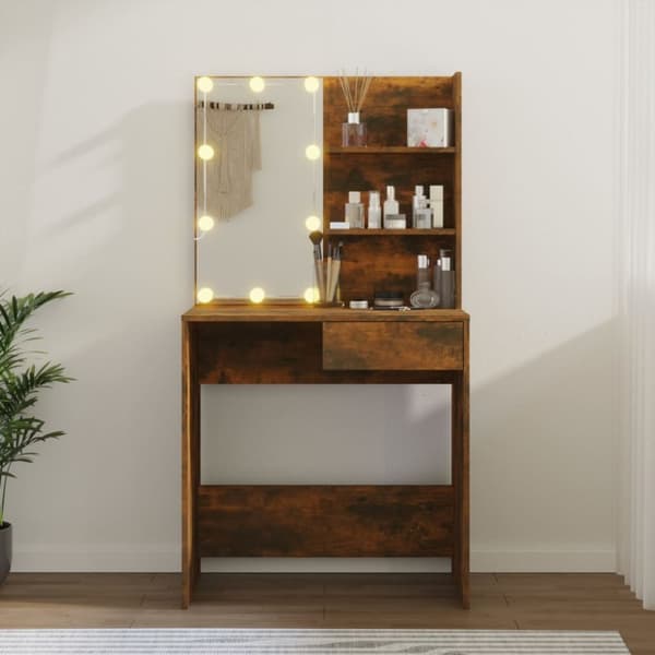 The Living Store Sminkbord med LED brun ek 74,5x40x141 cm -  Toalettbord