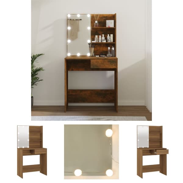 The Living Store Sminkbord med LED brun ek 74,5x40x141 cm -  Toalettbord