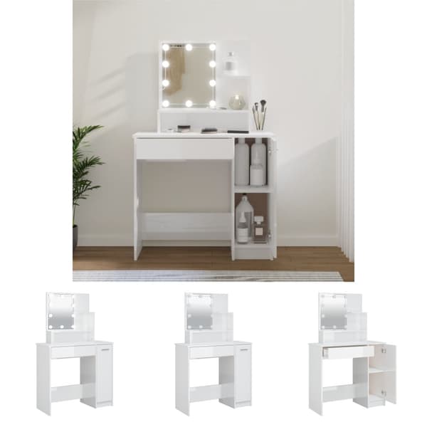The Living Store makeupbord med LED-lys 86,5x35x136 cm hvid højglans - Sminkebord