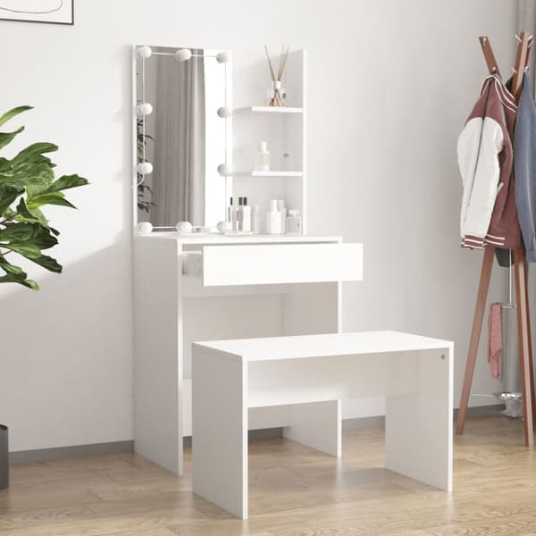 The Living Store makeupbordssæt med LED-lys konstrueret træ hvid -  Sminkebord