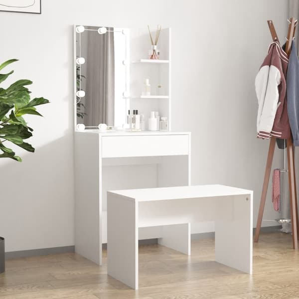 The Living Store makeupbordssæt med LED-lys konstrueret træ hvid -  Sminkebord