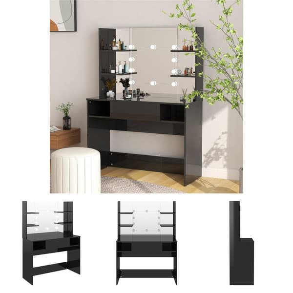 The Living Store Sminkbord med LED-belysning 100x40x135 cm MDF svart glänsande - Toalettbord