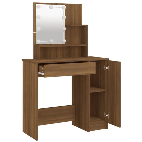 The Living Store makeupbord med LED-lys 86,5x35x136 cm brun egetræsfarve -  Sminkebord