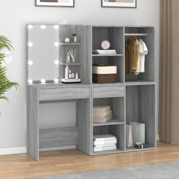The Living Store makeupbord med LED-lys og skabe konstrueret træ grå sonoma-eg -  Sminkebord