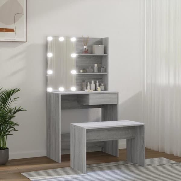 The Living Store makeupbordssæt med LED-lys konstrueret træ grå sonoma-eg -  Sminkebord