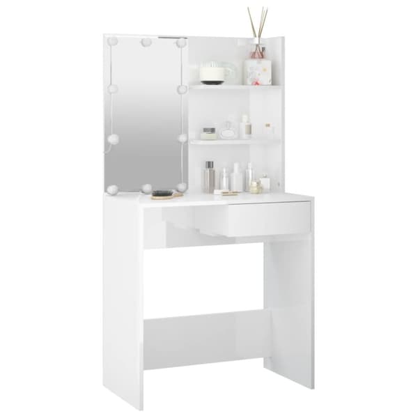 The Living Store Sminkbord med LED vit högglans 74,5x40x141 cm -  Toalettbord