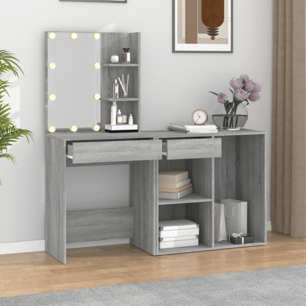 The Living Store Sminkbord LED med skåp grå sonoma konstruerat trä -  Toalettbord
