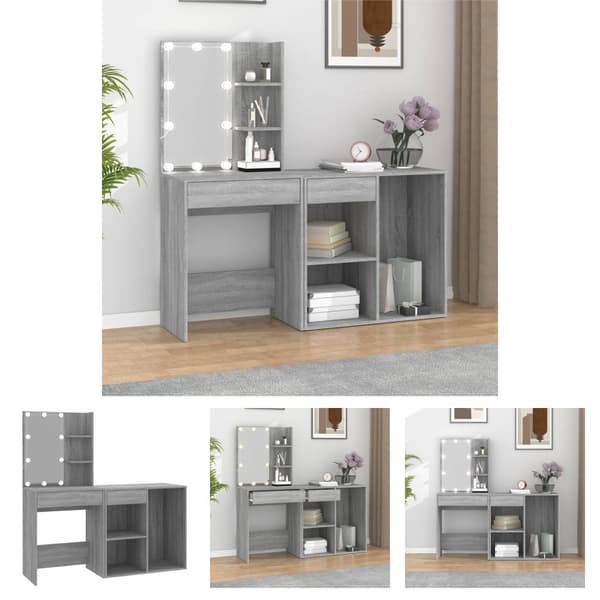 The Living Store Sminkbord LED med skåp grå sonoma konstruerat trä -  Toalettbord