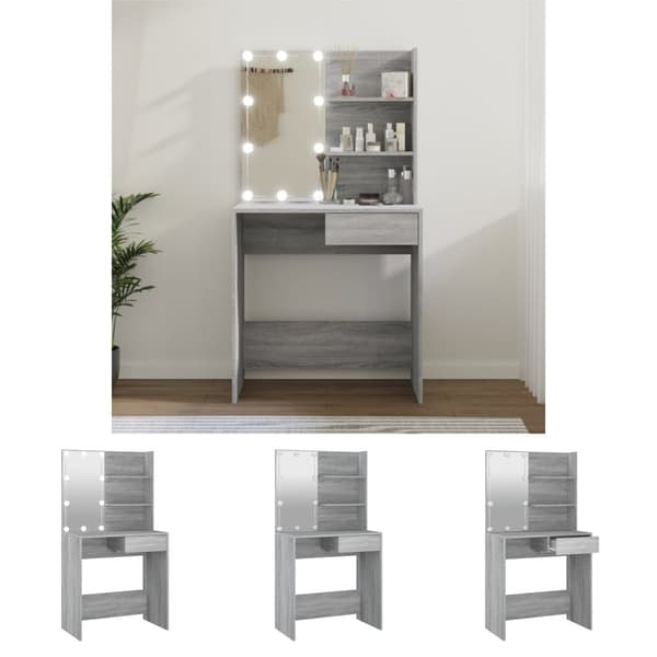 The Living Store makeupbord med LED-lys 74,5x40x141 cm grå sonoma-eg -  Sminkebord