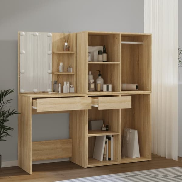 The Living Store Sminkbord LED med 2 skåp sonoma-ek konstruerat trä -  Toalettbord