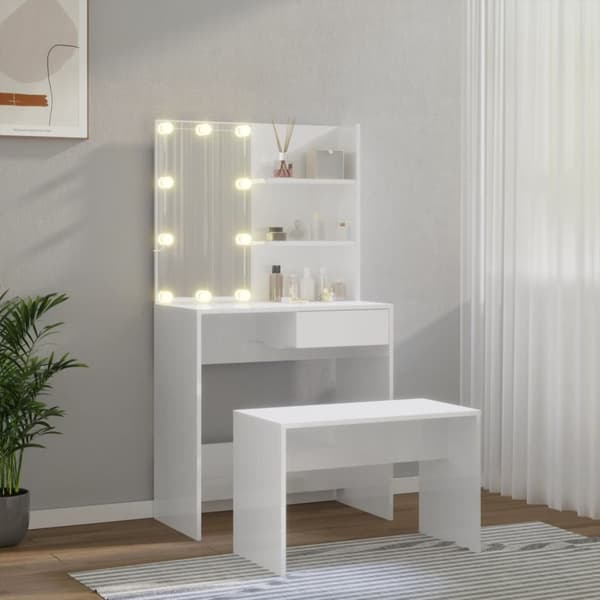 The Living Store Sminkbord LED vit högglans konstruerat trä -  Toalettbord