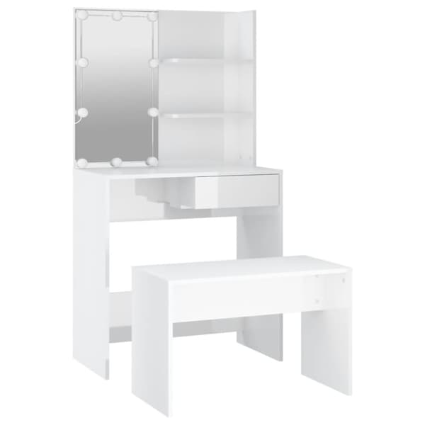 The Living Store Sminkbord LED vit högglans konstruerat trä -  Toalettbord