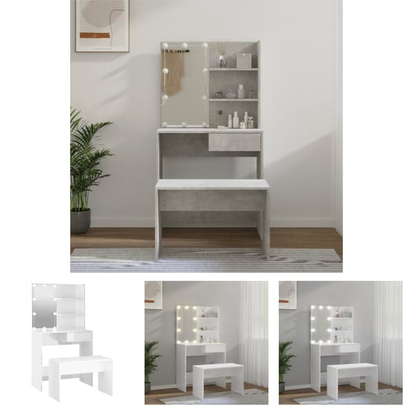The Living Store Sminkbord LED vit högglans konstruerat trä -  Toalettbord