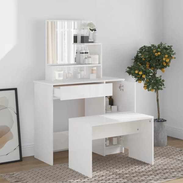 The Living Store Sminkbord set vit högglans 86,5x35x136 cm -  Toalettbord