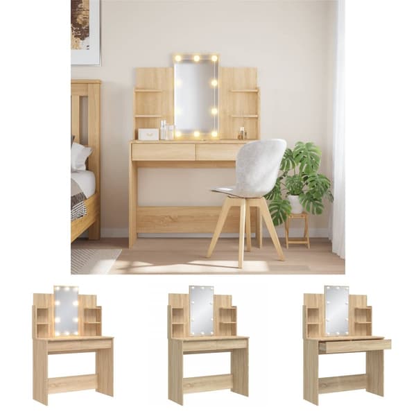 The Living Store makeupbord med LED-lys 96x40x142 cm sonoma-eg -  Sminkebord