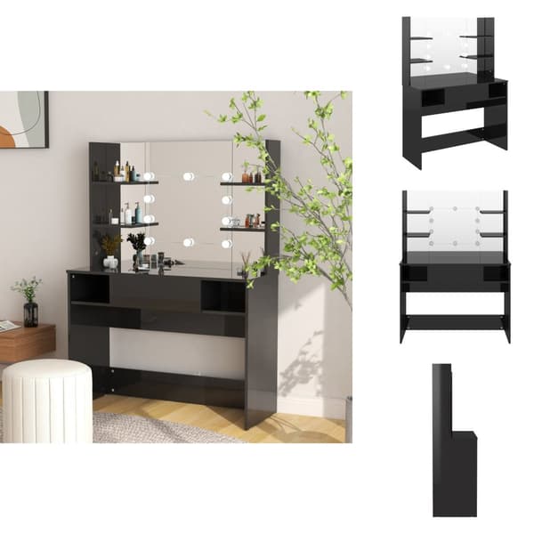 Makuuhuoneen kampauspöydät - Living Meikkipöytä LED-valoilla 100x40x135 cm MDF kiiltävä musta