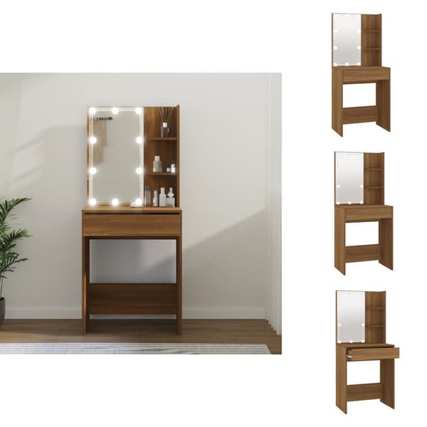 Sminkebord - Living makeupbord med LED-lys 60x40x140 cm brun egetræsfarve