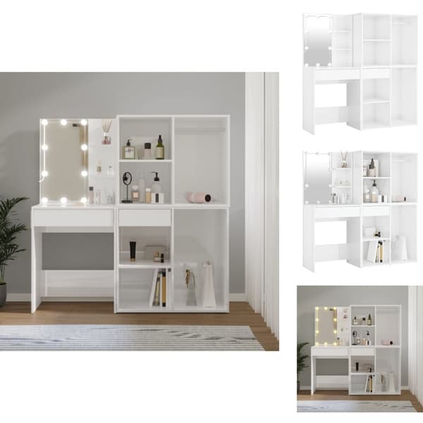 Toalettbord - Living Sminkbord LED med skåp 2 vit högglans konstruerat trä