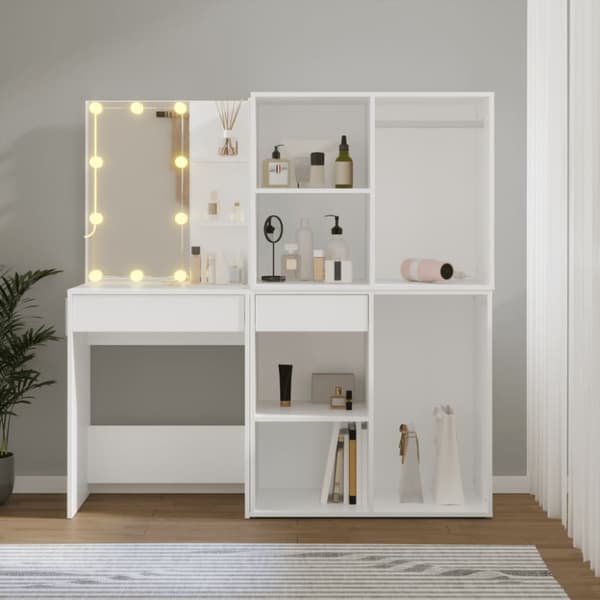 Toalettbord - Living Sminkbord LED med 2 skåp vit konstruerat trä