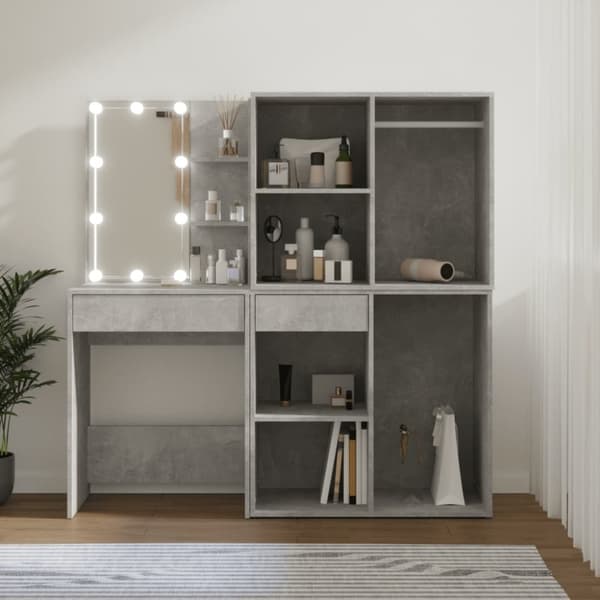 Toalettbord - Living Sminkbord LED med 2 skåp betonggrå konstruerat trä