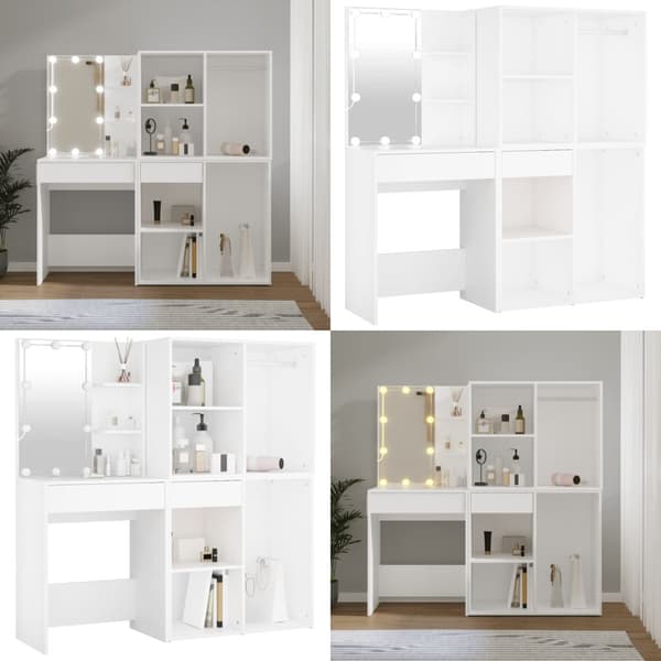 Sminkbord LED med 2 skåp vit konstruerat trä - Sminkbord Med LED - Toalettbord Med LED - Home & Living