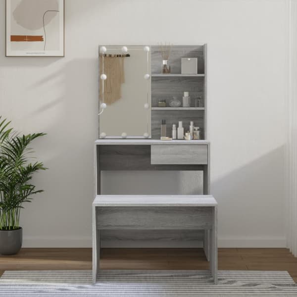 Makeupbordssæt med LED-lys konstrueret træ grå sonoma-eg - Makeupbord Med LED-lys - Makeupborde Med LED-lys - Home & Living