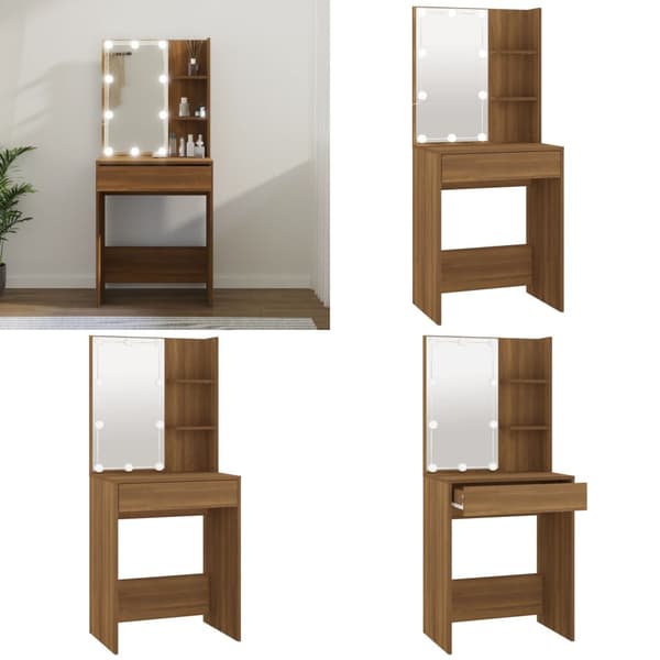 Makeupbord med LED-lys 60x40x140 cm brun egetræsfarve - Kosmetikbord - Kosmetikborde - Home & Living