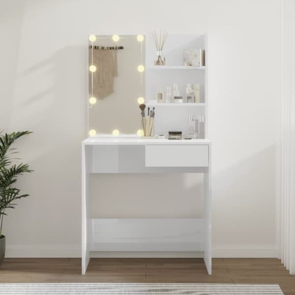 Makeupbord med LED-lys 74,5x40x141 cm hvid højglans - Kosmetikbord - Kosmetikborde - Home & Living
